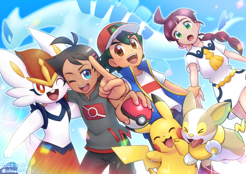 1girl, 2boys, :d, ;d, antenna_hair, ash_ketchum, bangs, baseball_cap