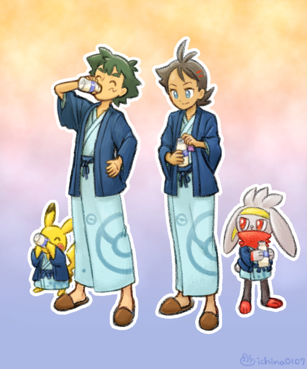 2boys, antenna_hair, ash_ketchum, bangs, blue_eyes, blue_jacket, bottle, brown_footwear