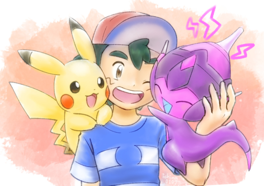 1boy, ;d, ash_ketchum, bangs, baseball_cap, blue_shirt, brown_eyes, commentary_request