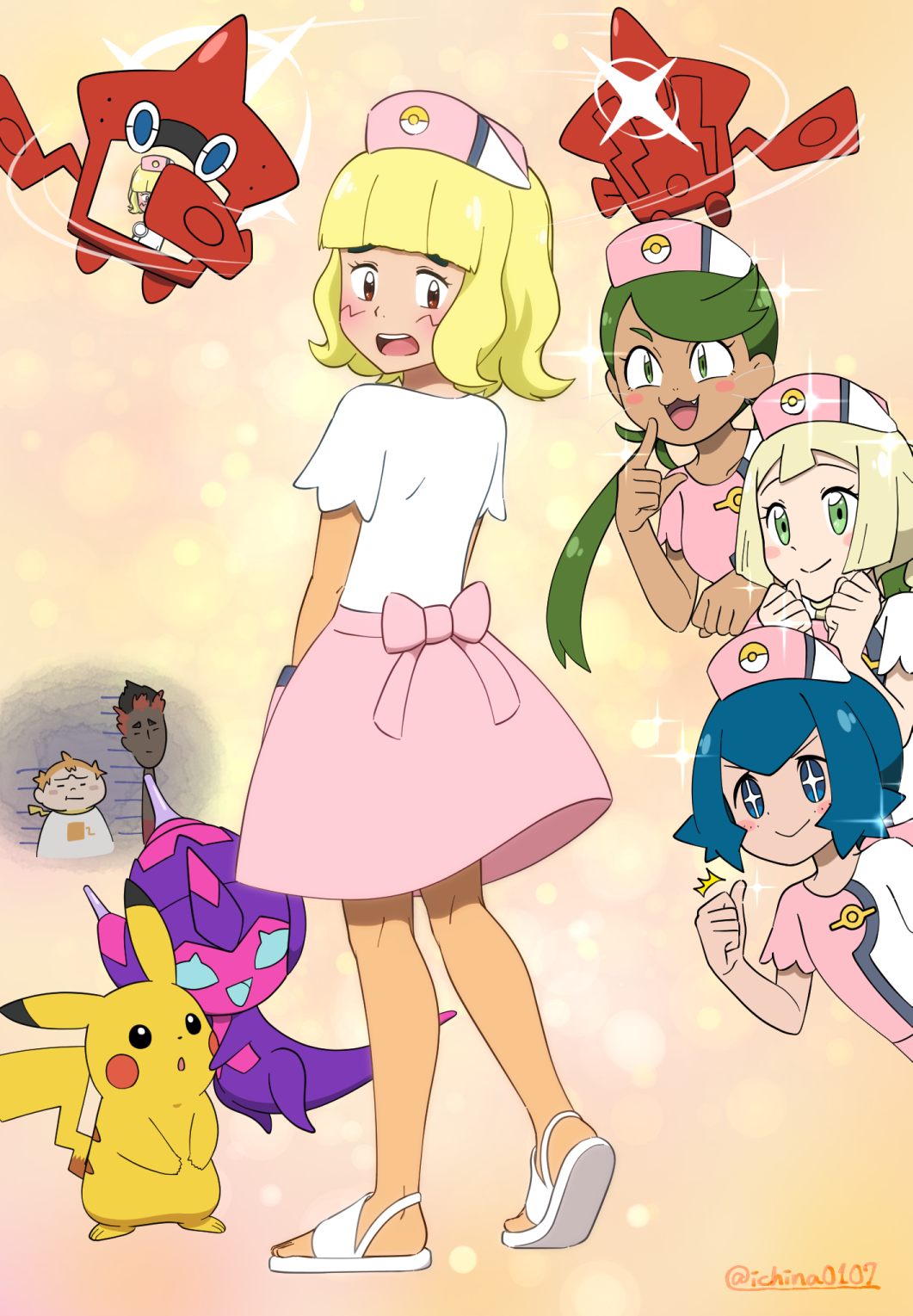+_+, 3boys, 3girls, ^^^, ash_ketchum, bangs, blonde_hair, blue_eyes