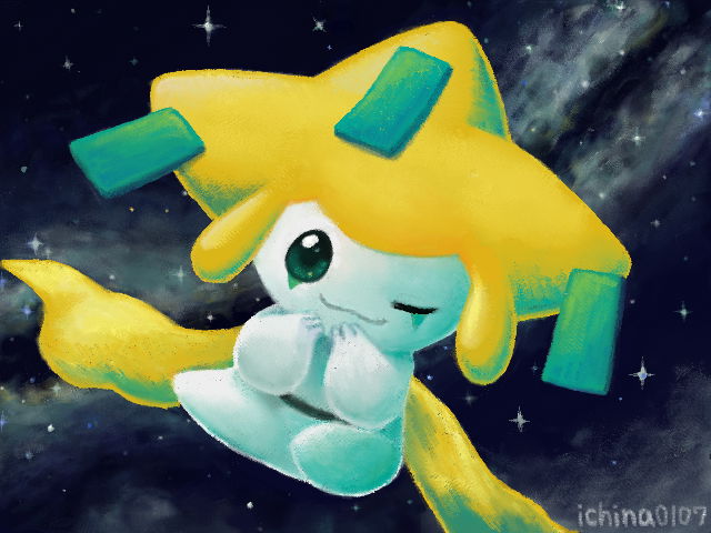 artist_name, closed_mouth, commentary_request, green_eyes, hands_up, ichina0107, jirachi, looking_at_viewer