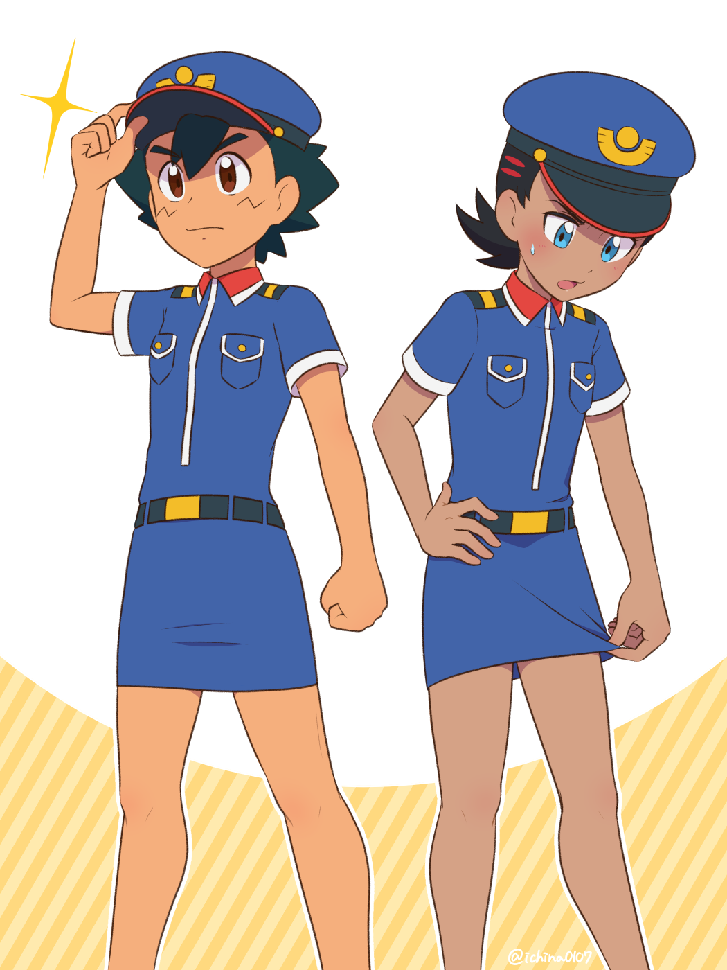 2boys, ash_ketchum, bangs, belt, belt_buckle, black_hair, blue_eyes, blue_headwear