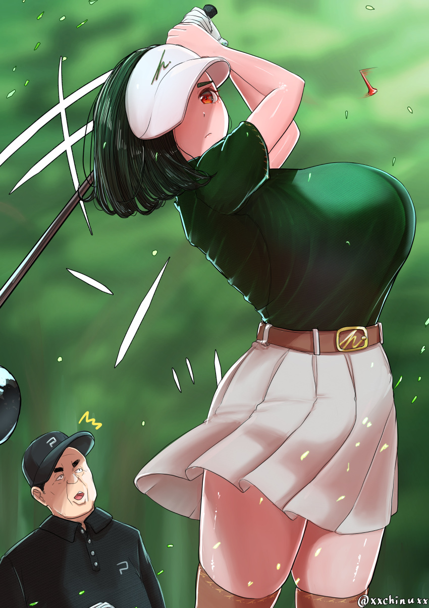 1boy, 1girl, ^^^, absurdres, belt, belt_buckle, breasts, buckle, chinushroya, closed_mouth, cowboy_shot, dark_green_hair, gloves, golf, golf_club, green_shirt, highres, huge_breasts, light_frown, looking_afar, medium_hair, orange_eyes, original, outdoors, pleated_skirt, polo_shirt, shirt, shirt_tucked_in, short_sleeves, single_glove, skirt, surprised, tented_shirt, thigh-highs, twitter_username, visor, white_skirt, zettai_ryouiki