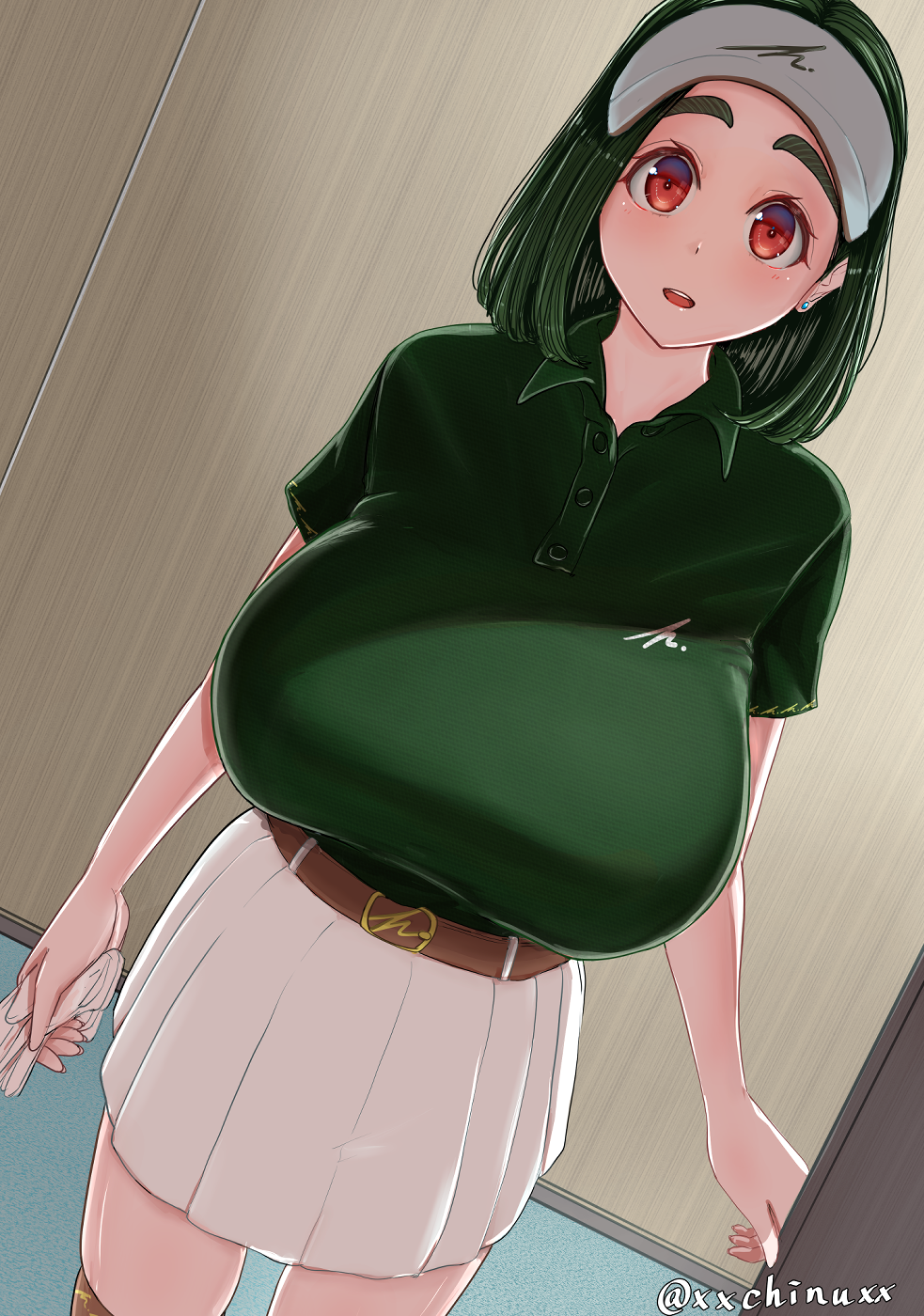 1girl, belt, belt_buckle, breasts, buckle, chinushroya, cowboy_shot, dark_green_hair, dutch_angle, gloves, golf, green_shirt, highres, holding, holding_clothes, holding_gloves, huge_breasts, impossible_clothes, indoors, looking_at_viewer, medium_hair, open_mouth, orange_eyes, original, pleated_skirt, polo_shirt, shirt, shirt_tucked_in, short_sleeves, skirt, thigh-highs, twitter_username, visor, white_skirt, zettai_ryouiki