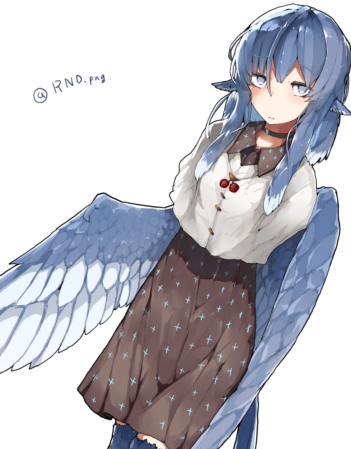 1girl, bangs, bird_legs, bird_tail, blue_eyes, blue_feathers, blue_hair, blue_wings