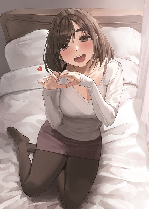 1girl, :d, bed, bed_sheet, black_footwear, black_hair, black_legwear, blanket