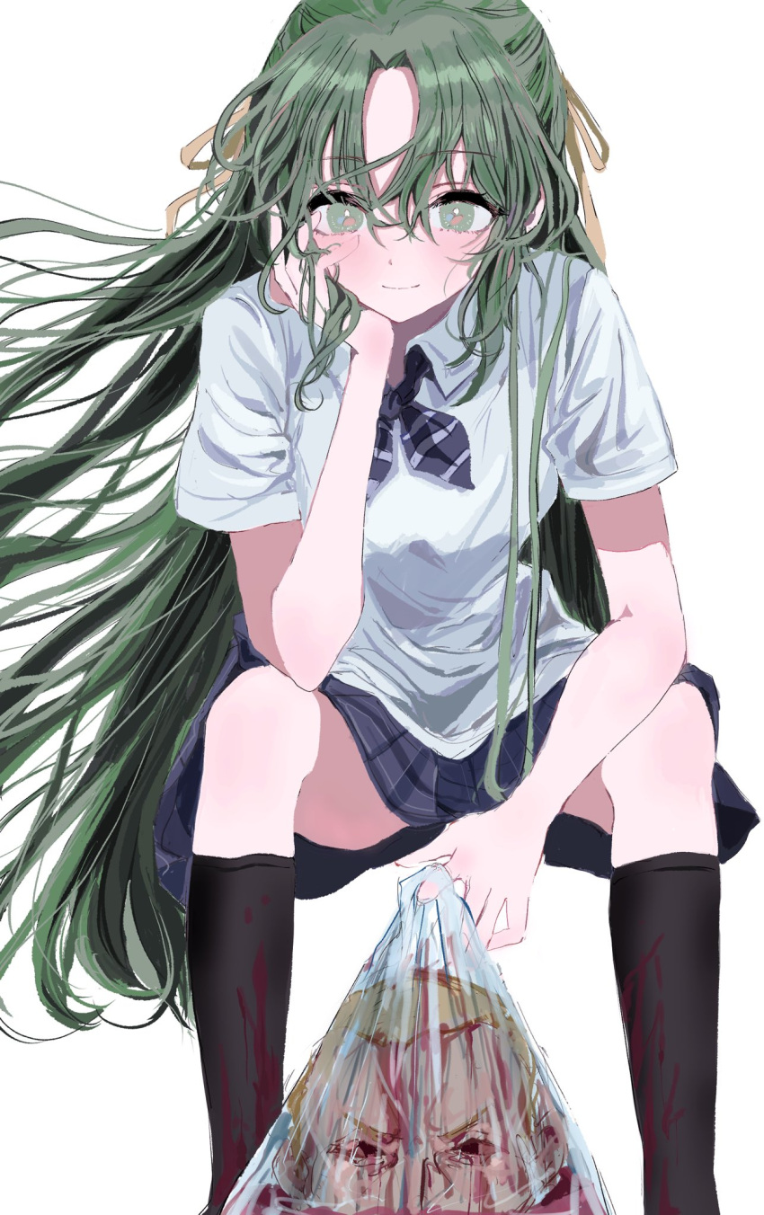 1girl, bag, bangs, black_legwear, blood, blood_on_clothes, blush, corpse