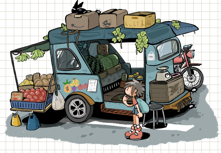 1girl, backpack, bag, banana, box, brown_hair, cat, food