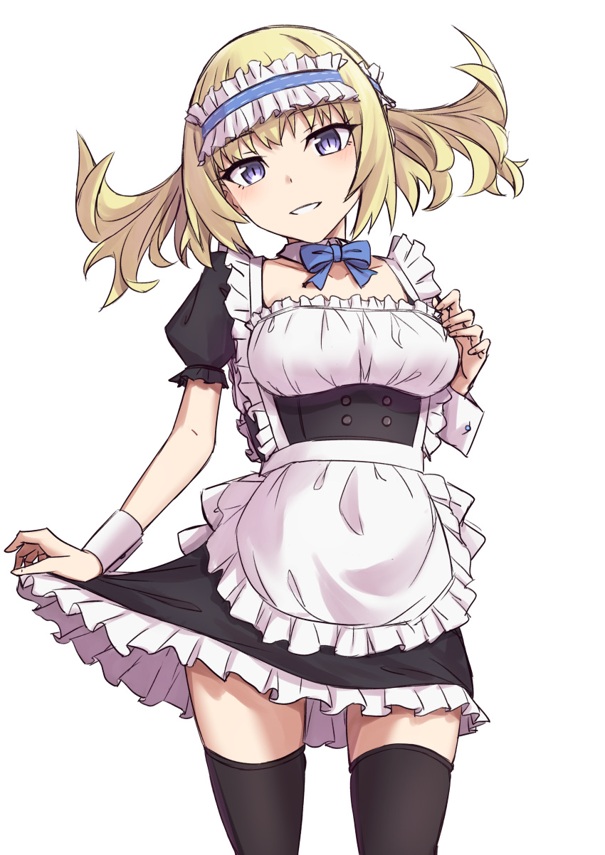 1girl, absurdres, alternate_costume, apron, bangs, black_dress, black_legwear, blonde_hair