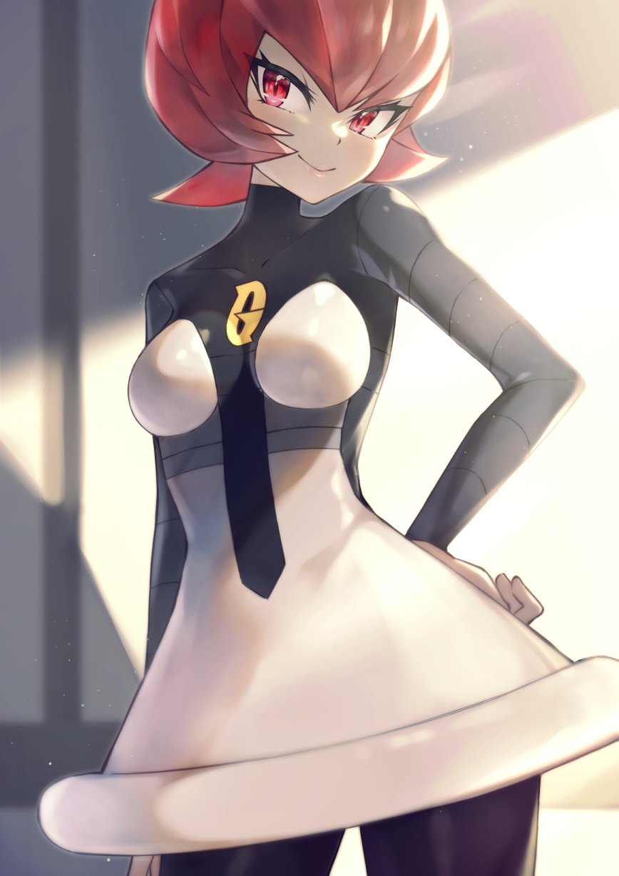 1girl, black_legwear, breasts, grey_shirt, hand_on_hip, highres, leggings, light_particles