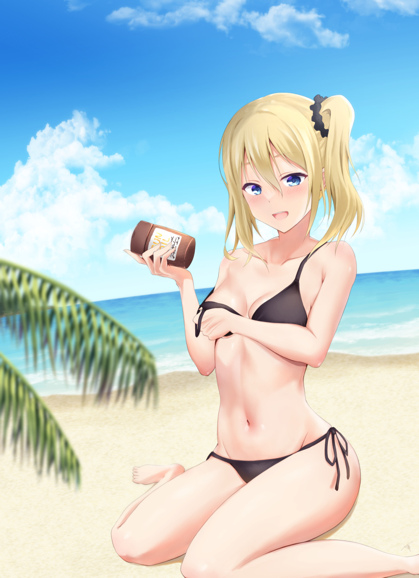 1girl, :d, bangs, beach, bikini, black_bikini, blue_eyes, blue_sky, blush, breasts, clouds, collarbone, covering, covering_one_breast, day, foot_out_of_frame, groin, hair_between_eyes, hair_ornament, hair_scrunchie, hand_on_breast, hayasaka_ai, highres, kaguya-sama_wa_kokurasetai_~tensai-tachi_no_renai_zunousen~, looking_at_viewer, lotion_bottle, medium_breasts, medium_hair, navel, ocean, open_mouth, sand, scrunchie, shiiki, side-tie_bikini, side_ponytail, sitting, sky, smile, solo, stomach, strap_slip, swimsuit, teeth, upper_teeth, wariza