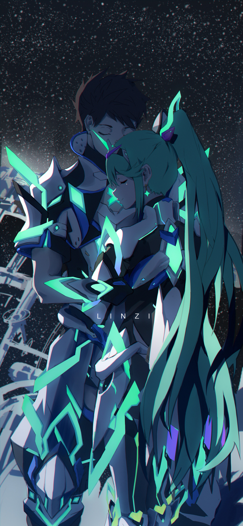1boy, 1girl, absurdres, armor, artist_name, brown_hair, closed_eyes, green_hair