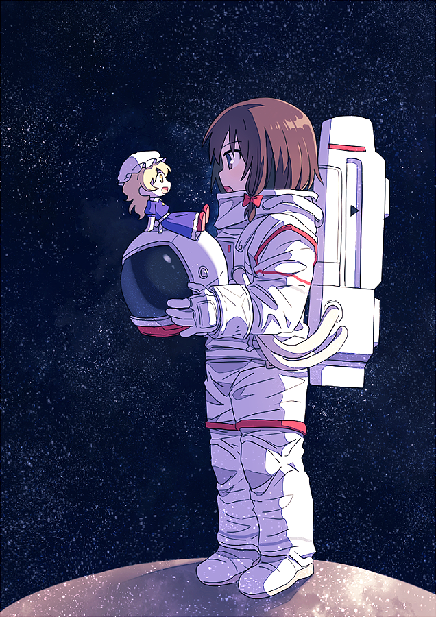 2girls, astronaut, blonde_hair, bow, brown_eyes, brown_hair, dress, fishbowl_helmet