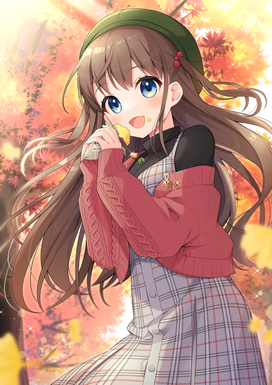 1girl, :d, autumn_leaves, black_shirt, blue_eyes, blush, brown_hair, dot_nose, dress, food, food_on_face, glint, green_headwear, grey_dress, hair_bobbles, hair_ornament, hands_up, highres, holding, holding_food, jacket, jewelry, konogi_nogi, long_hair, looking_at_viewer, necklace, off_shoulder, open_clothes, open_jacket, open_mouth, original, outdoors, red_jacket, shirt, sleeves_past_wrists, smile, solo, sparkle, sweater_jacket, sweet_potato, two_side_up, yakiimo