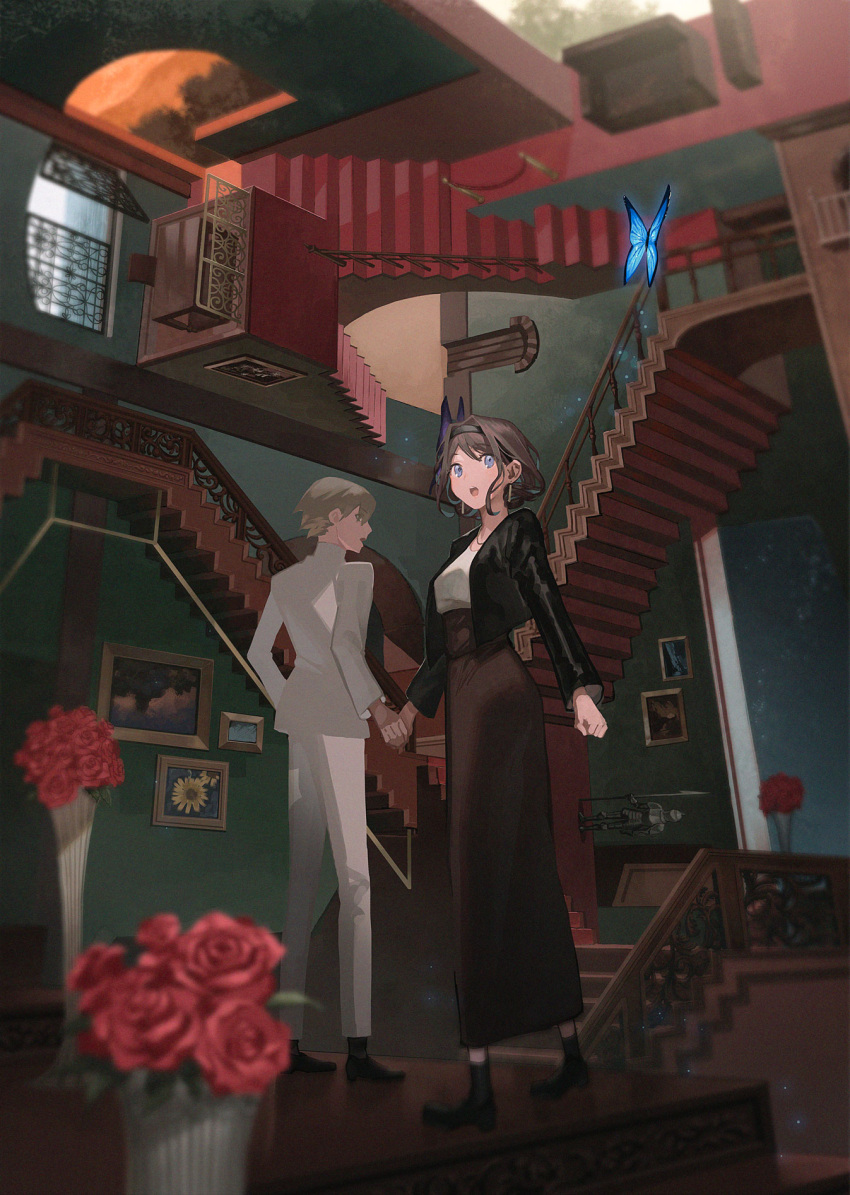1boy, 1girl, armor, bangs, black_footwear, black_hairband, black_jacket, blonde_hair