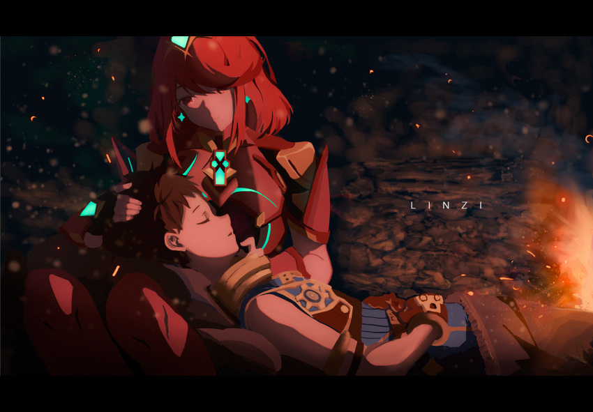 1boy, 1girl, brown_hair, chest_jewel, embers, headpiece, highres, lap_pillow