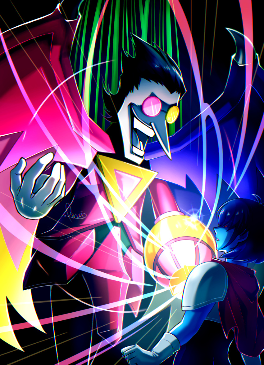 1boy, 1other, :o, armor, black_hair, blue_skin, cape, colored_skin