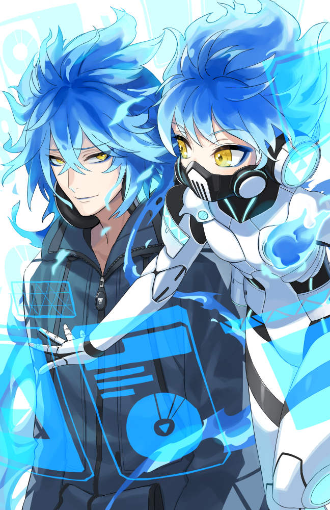 2boys, armor, bangs, blue_fire, blue_hair, brothers, chorefuji, closed_mouth