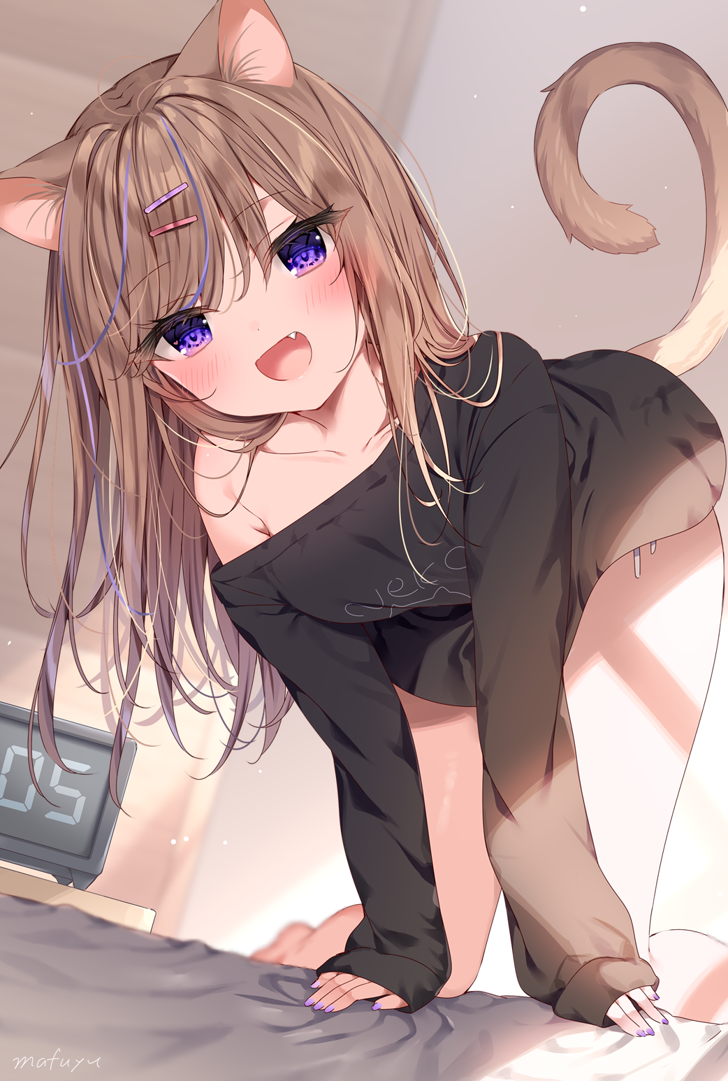1girl, :d, all_fours, animal_ear_fluff, animal_ears, bangs, barefoot, black_shirt