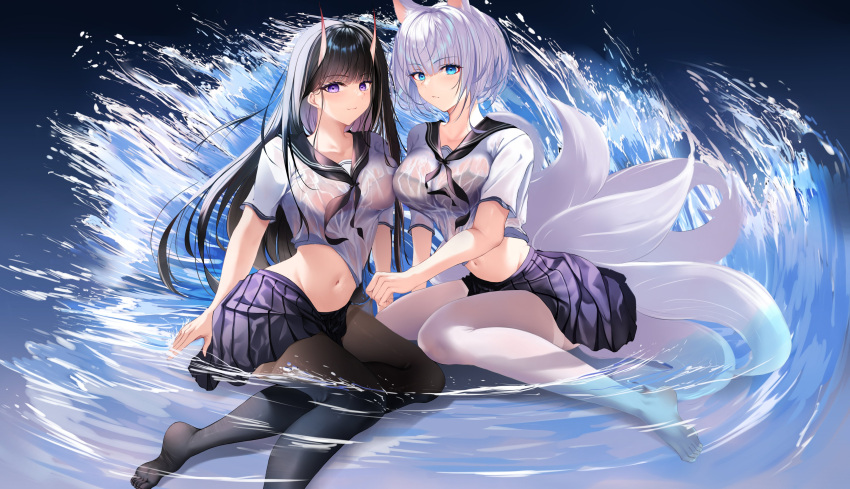 2girls, absurdres, alternate_costume, animal_ears, arm_behind_back, arms_behind_back, asymmetrical_docking, azur_lane