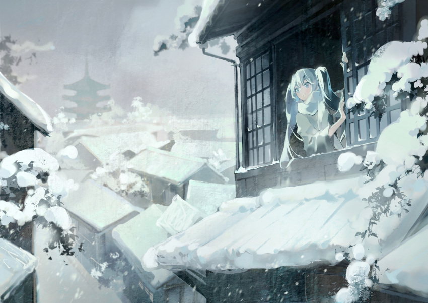 1girl, absurdres, architecture, arm_up, bangs, blue_eyes, blue_hair, blurry
