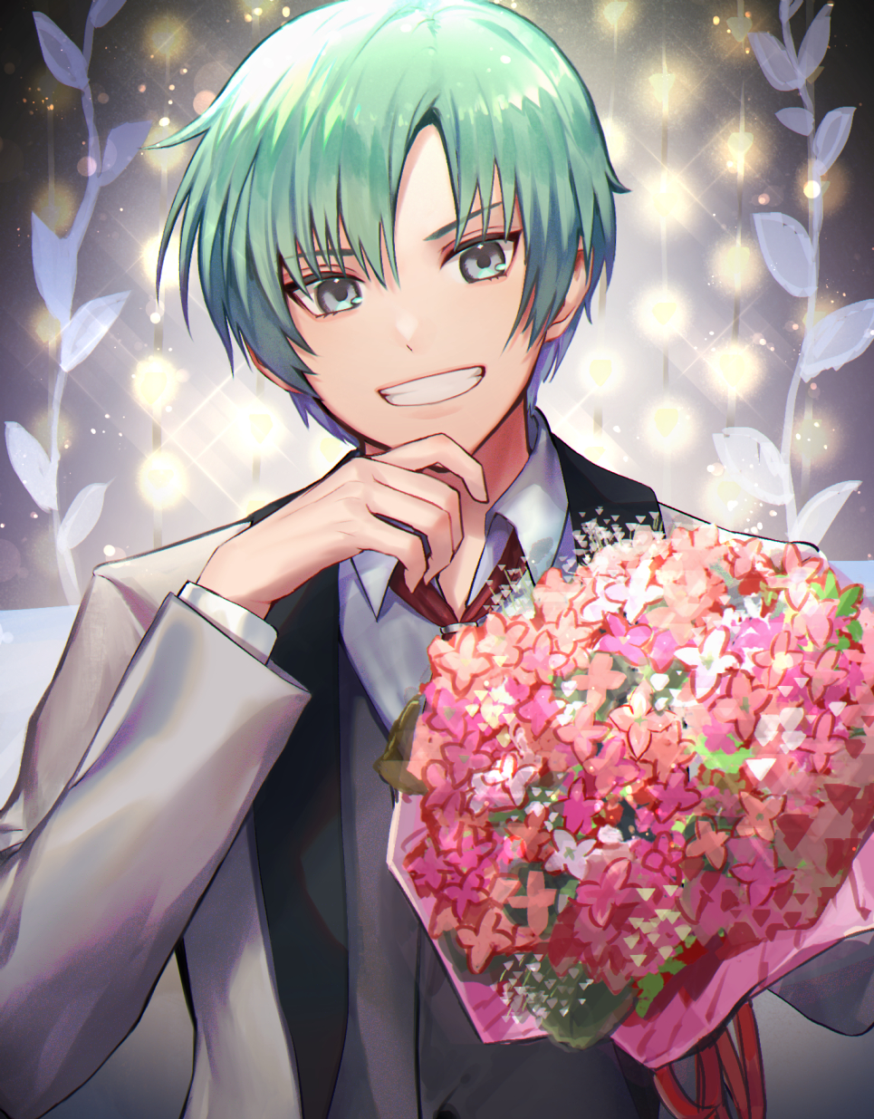 1boy, bouquet, commentary_request, flower, formal, green_hair, grey_eyes, highres