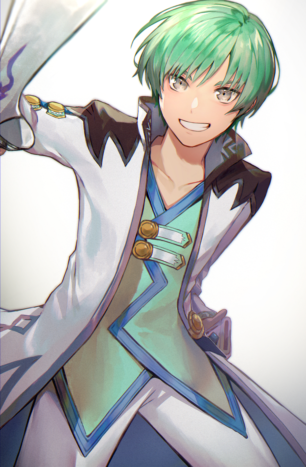 1boy, belt, coat, collarbone, commentary_request, green_hair, grey_eyes, highres