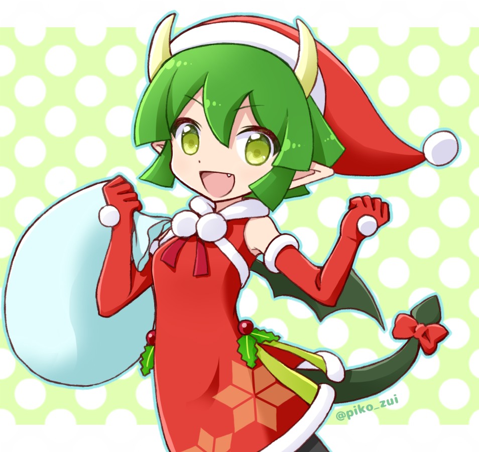1girl, draco_centauros, dragon_girl, dragon_horns, dragon_tail, dragon_wings, elbow_gloves, eyebrows_visible_through_hair, fang, gloves, green_eyes, green_hair, hat, holding, holding_sack, horns, looking_at_viewer, open_mouth, pointy_ears, puyopuyo, puyopuyo_quest, red_gloves, red_headwear, sack, santa_costume, santa_hat, short_hair, smile, solo, tail, takazaki_piko, wings