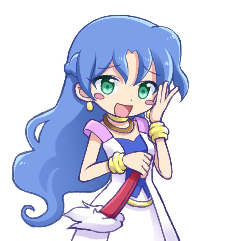 1girl, blue_hair, blush_stickers, bracelet, earrings, eyebrows_visible_through_hair, green_eyes, jewelry