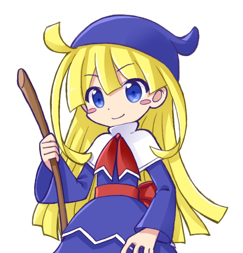 1girl, blonde_hair, blue_eyes, blush_stickers, broom, closed_mouth, eyebrows_visible_through_hair, holding