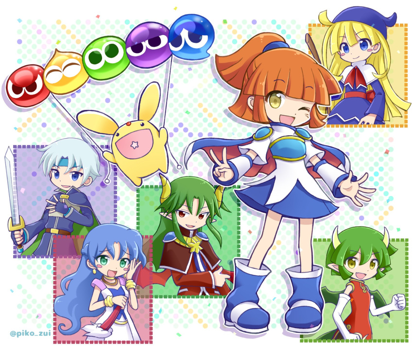 2boys, 4girls, arle_nadja, blonde_hair, blue_eyes, blue_hair, blush_stickers, bracelet