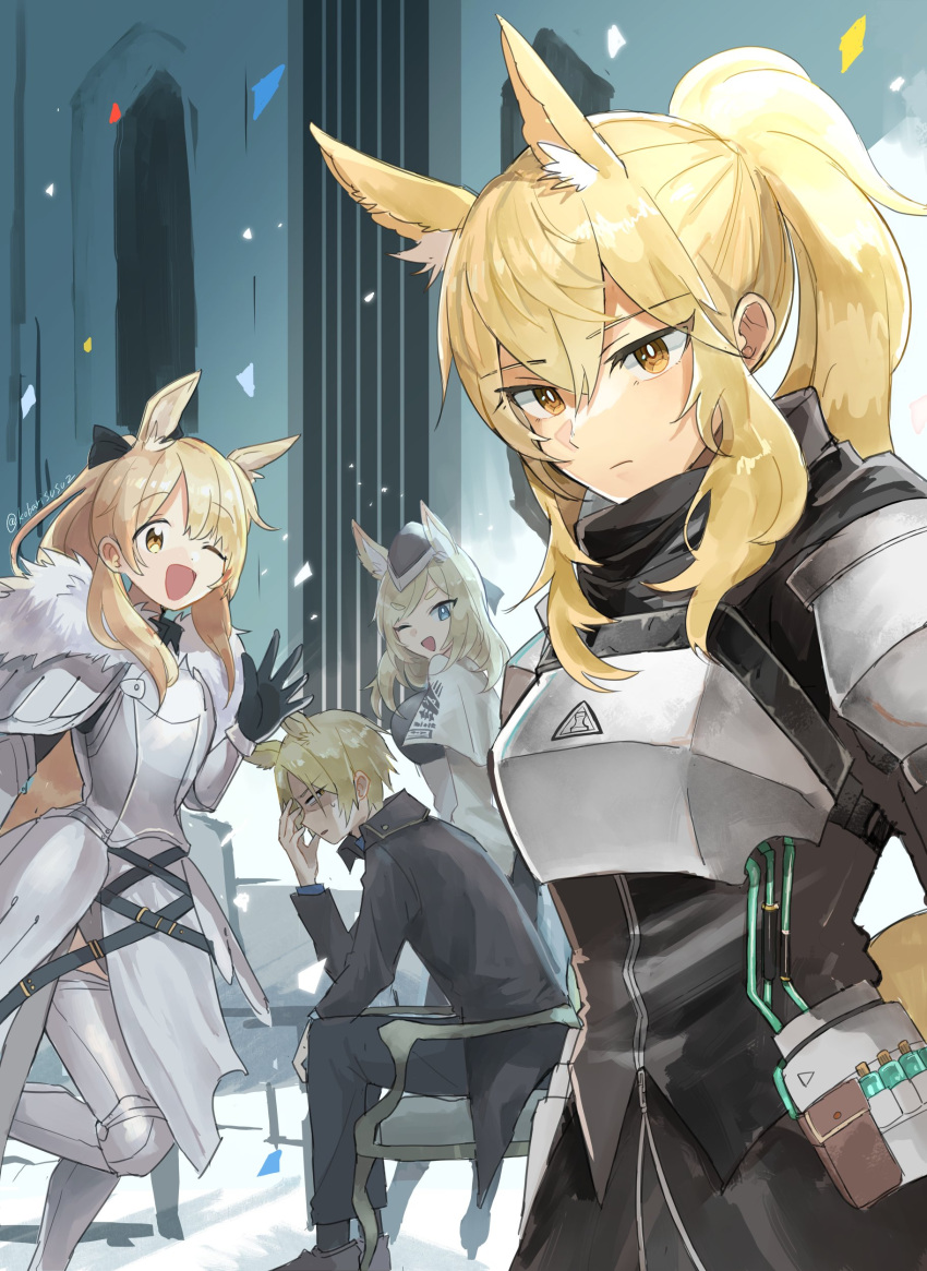 1boy, 3girls, absurdres, animal_ears, arknights, armor, bangs, blemishine_(arknights)
