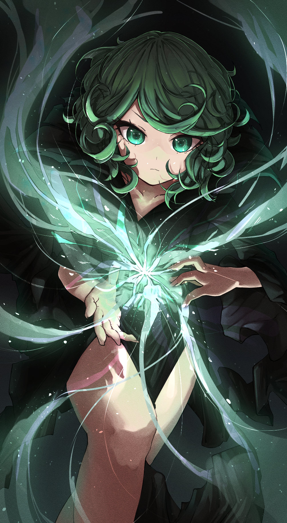 1girl, arms_up, black_dress, closed_mouth, curly_hair, dress, expressionless, flipped_hair