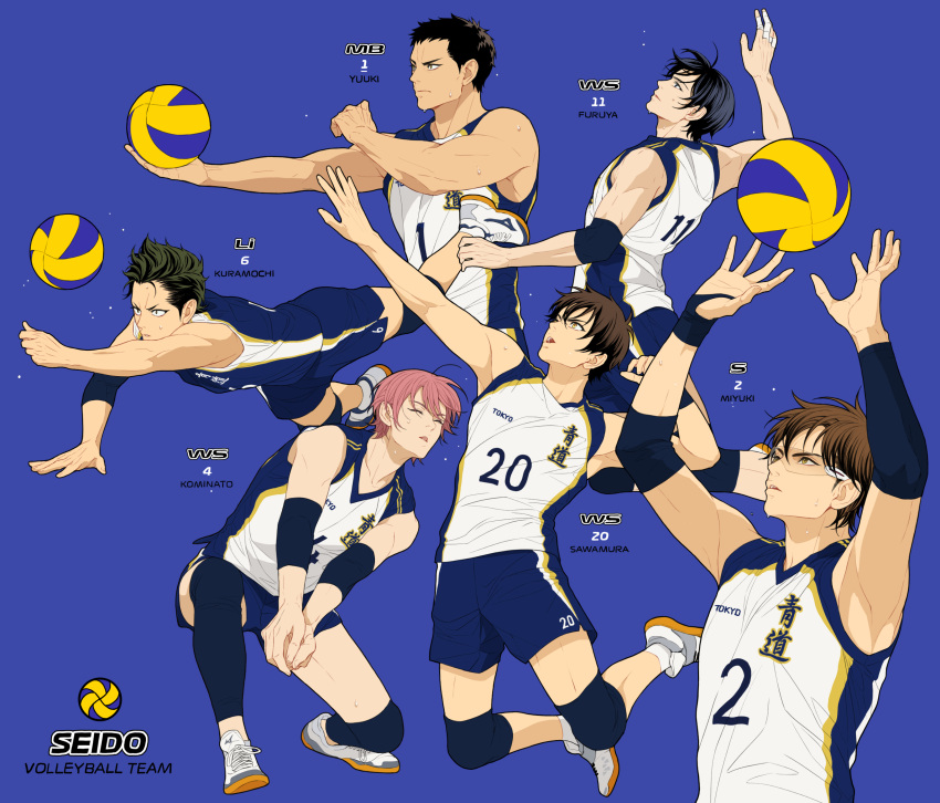 6+boys, ace_of_diamond, ball, bangs, black_hair, blue_background, blue_eyes, brown_eyes