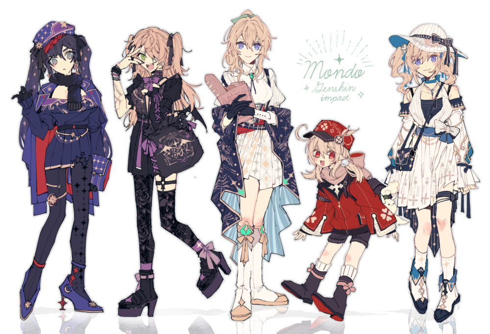 5girls, akina422, alternate_costume, asymmetrical_legwear, asymmetrical_sleeves, backpack, bag, bag_charm, baguette, barbara_(genshin_impact), belt, black_dress, black_footwear, black_gloves, black_hair, black_legwear, black_shorts, boots, bow, bread, brown_scarf, casual, charm_(object), clover_print, contemporary, dodoco_(genshin_impact), dress, drill_hair, earrings, eyepatch, fischl_(genshin_impact), flower, food, from_below, full_body, genshin_impact, gloves, gothic_lolita, green_eyes, grey_eyes, hair_bow, hair_ornament, hair_ribbon, hat, hat_bow, hat_flower, hat_ornament, hat_ribbon, height_difference, jacket, jean_(genshin_impact), jewelry, klee_(genshin_impact), knee_boots, kneehighs, light_brown_hair, lolita_fashion, mismatched_legwear, mismatched_sleeves, mona_(genshin_impact), multiple_girls, necklace, pantyhose, pointy_ears, red_eyes, red_jacket, ribbon, scarf, shopping_bag, shorts, shoulder_bag, standing, sun_hat, twin_drills, two_side_up, violet_eyes, white_background, white_dress, white_legwear