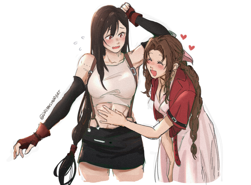 2girls, aerith_gainsborough, black_hair, black_skirt, blood, blush, brown_hair, closed_eyes