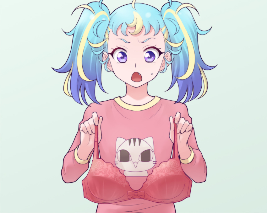 1girl, animal_print, blonde_hair, blue_hair, bow, bow_bra, bra, bra_removed