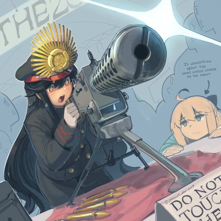2girls, ahoge, bangs, black_bow, black_hair, blonde_hair, blush, boa_(brianoa), bow, browning_m1919, bullet, buttons, closed_mouth, commentary, empty_eyes, english_commentary, english_text, fate/grand_order, fate_(series), foreshortening, gloves, green_eyes, gun, hair_between_eyes, hair_bow, hat, highres, holding, holding_gun, holding_weapon, jitome, koha-ace, long_hair, long_sleeves, looking_at_another, machine_gun, military, military_uniform, multiple_girls, oda_nobunaga_(fate), oda_nobunaga_(koha/ace), oda_uri, okita_souji_(fate), okita_souji_(koha/ace), open_mouth, peaked_cap, red_eyes, short_hair, sidelocks, sleeve_cuffs, star-shaped_pupils, star_(symbol), symbol-shaped_pupils, twitter_username, uniform, very_long_hair, watermark, weapon, white_gloves, wide-eyed