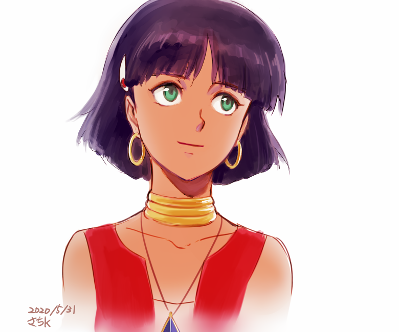 1girl, closed_mouth, dark-skinned_female, dark_skin, earrings, fushigi_no_umi_no_nadia, green_eyes, hair_ornament, hairclip, jewelry, kanten_sachi, nadia_la_arwall, neck_ring, necklace, purple_hair, short_hair, simple_background, solo, white_background
