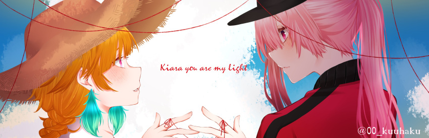 00_kuuhaku, 2girls, absurdres, baseball_cap, blush, couple, earrings, feather_earrings, feathers, gradient_hair, hat, highres, hololive, hololive_english, jacket, jewelry, long_hair, looking_at_another, mori_calliope, multicolored_hair, multiple_girls, official_alternate_costume, orange_hair, pink_hair, ponytail, red_eyes, straw_hat, string, string_around_finger, string_of_fate, takanashi_kiara, thread, track_jacket, violet_eyes, virtual_youtuber, yuri