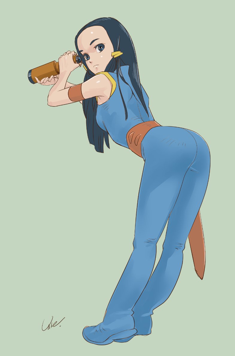 1girl, ass, blue_eyes, blue_hair, breasts, closed_mouth, forehead, hair_ornament