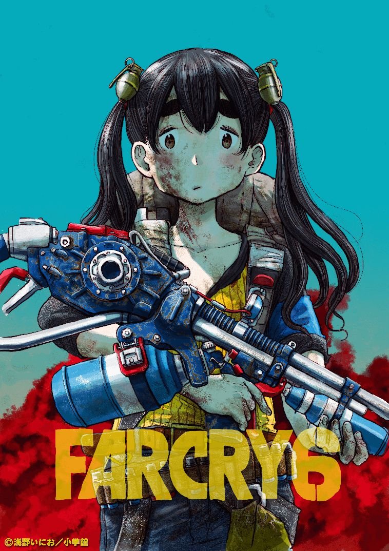 1girl, asano_inio, black_hair, blue_background, brown_eyes, copyright_name, crossover, dead_dead_demons_de_dedede_destruction