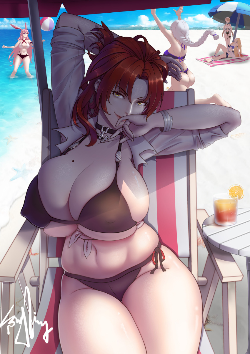 4girls, 5girls, absurdres, arm_up, ass, ball, beach, beach_chair