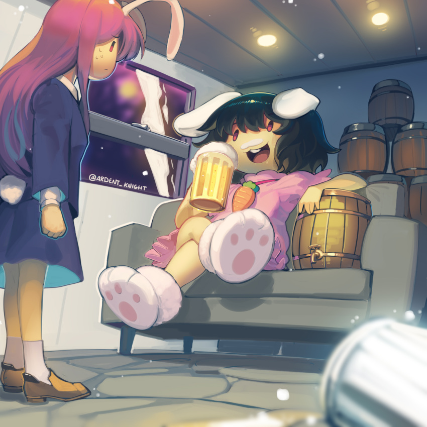 2girls, :3, :d, animal_ears, beer_mug, black_hair, blue_jacket, blue_skirt