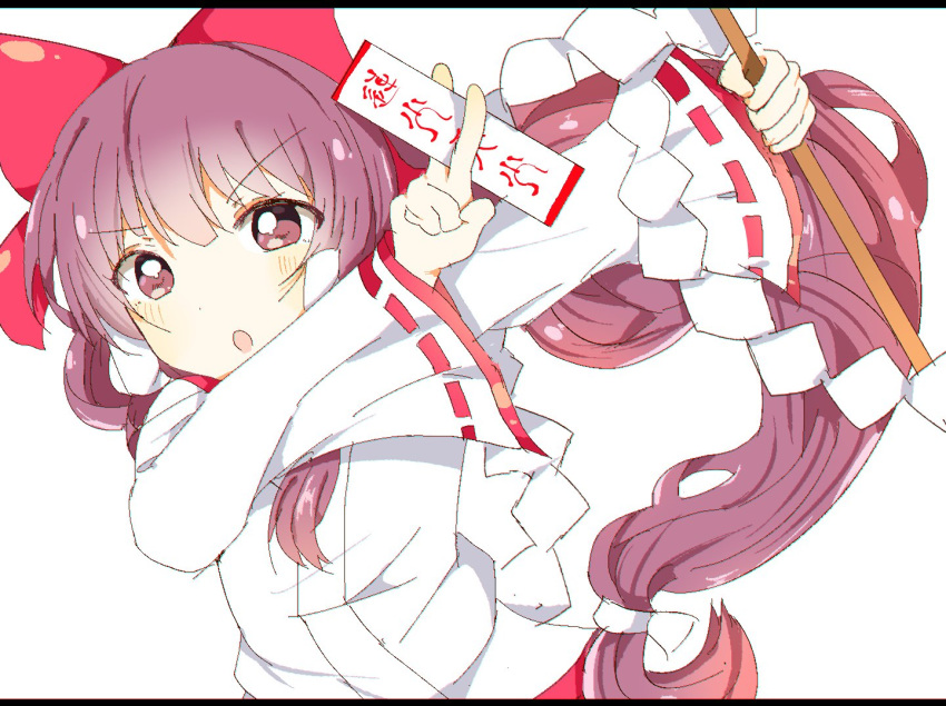 1girl, :o, arrow_(projectile), bow, eyebrows_visible_through_hair, gohei, hair_bow, hair_tubes