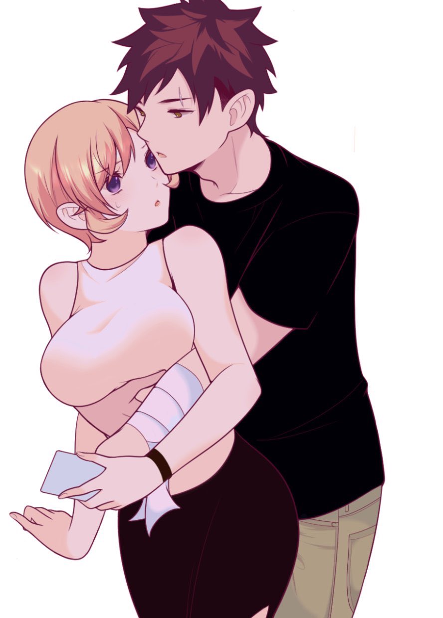 1boy, 1girl, arms_under_breasts, beige_shirt, black_shirt, black_skirt, blonde_hair, blush, couple, eyebrows_visible_through_hair, hair_ornament, hairclip, highres, hug, hug_from_behind, looking_at_another, nakiri_erina, redhead, s2kns1, shirt, shokugeki_no_souma, short_hair, skirt, sleeveless, sleeveless_shirt, sweat, violet_eyes, yellow_eyes, yukihira_souma