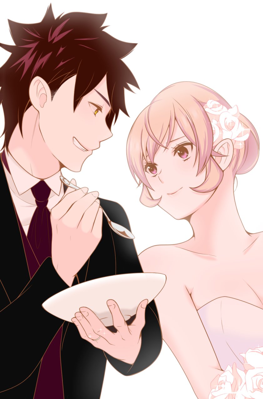 1boy, 1girl, black_suit, blonde_hair, couple, dress, flower, hair_flower