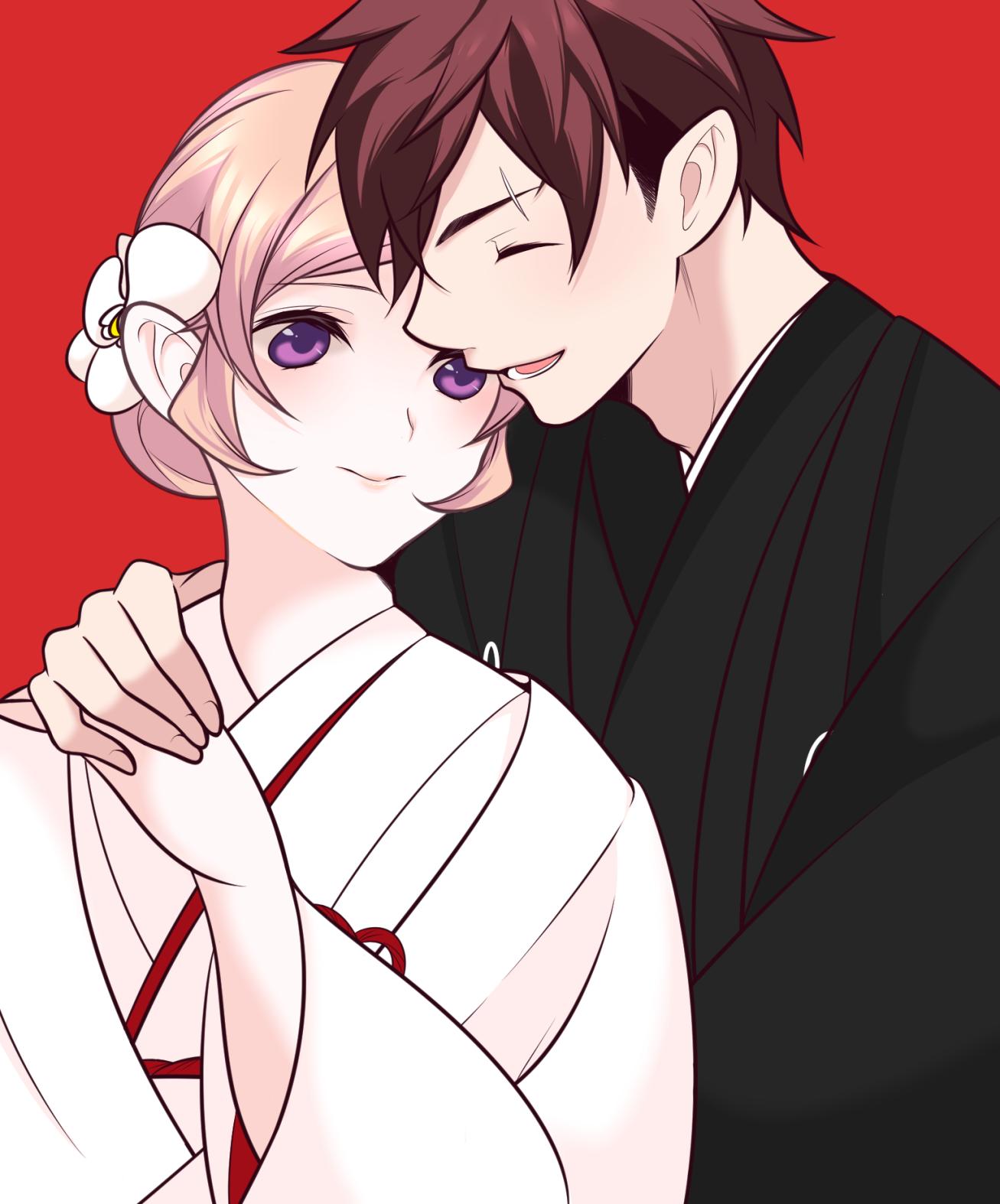 1boy, 1girl, black_kimono, blonde_hair, blush, closed_eyes, couple, hair_ornament, hairclip, happy, highres, husband_and_wife, japanese_clothes, kimono, married, nakiri_erina, redhead, s2kns1, shokugeki_no_souma, short_hair, uchikake, violet_eyes, wedding, white_kimono, yukihira_souma