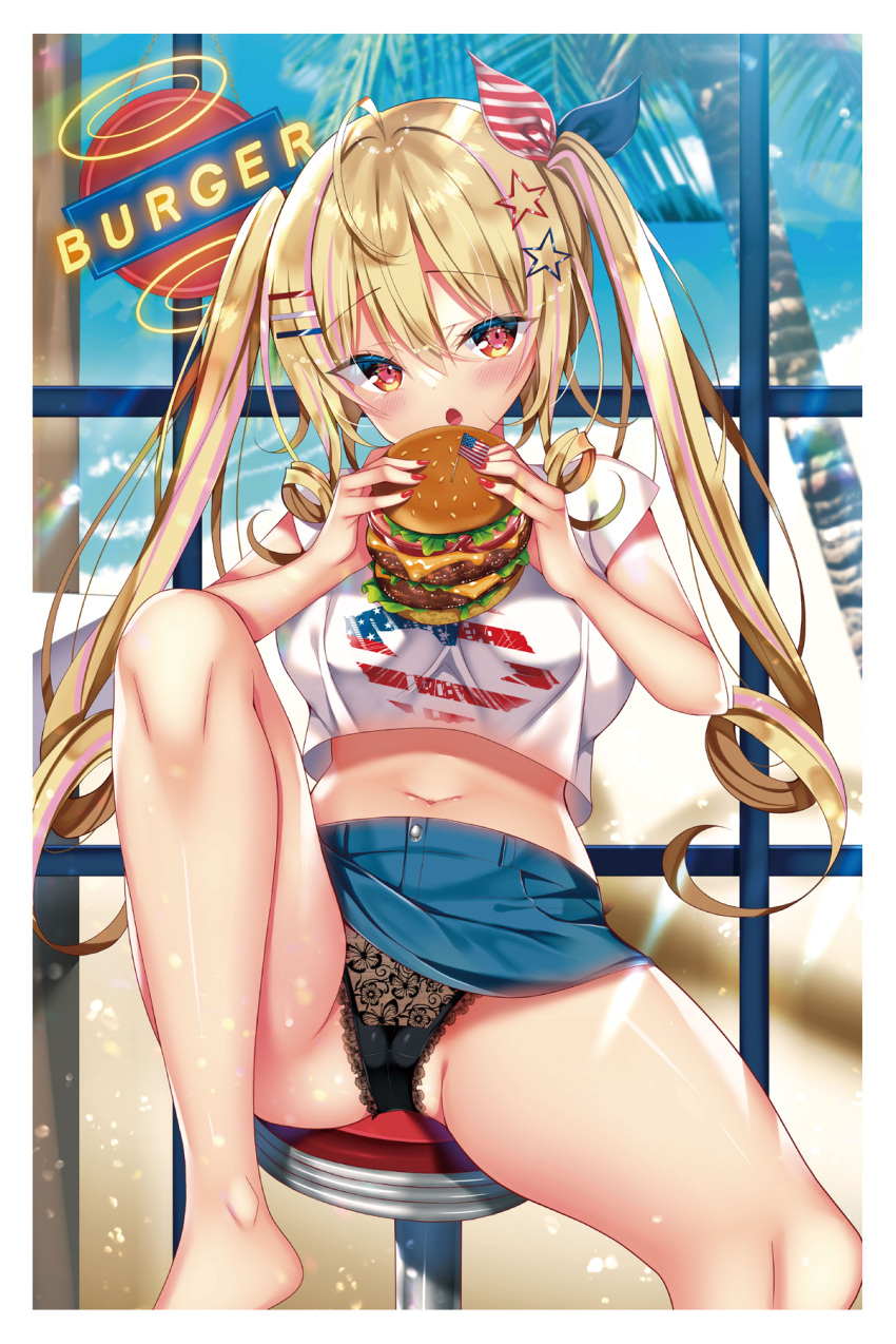 1girl, ahoge, american_flag, american_flag_print, bangs, bare_legs, barefoot, black_panties