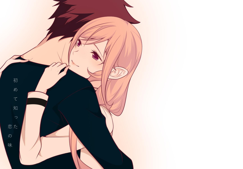 1boy, 1girl, blonde_hair, blue_shirt, hair_ornament, hairclip, highres, hug, long_hair, nakiri_erina, redhead, s2kns1, shirt, shokugeki_no_souma, short_hair, violet_eyes, yukihira_souma